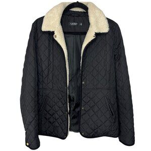 Ralph Lauren Black Label Black quilted coat with fur trim snap buttons Medium